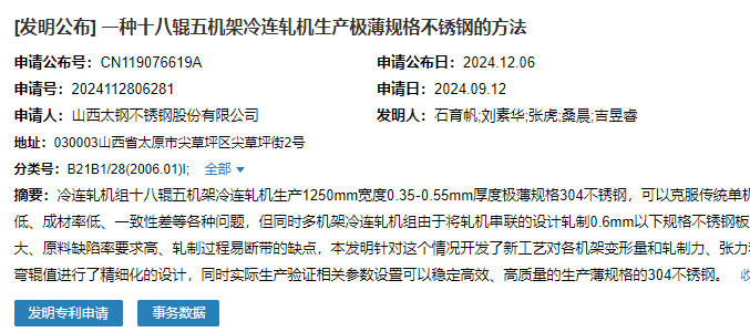 山西太鋼申請一種十八輥五機架冷連軋機生產極薄規格不銹鋼的方法專利